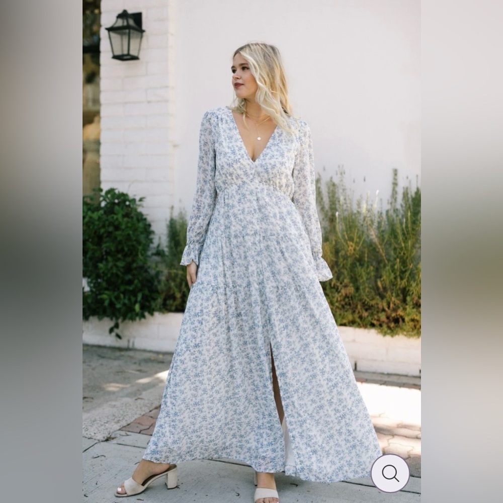 Women’s Light Blue Floral Maxi Dress with V-Neck and Long Sleeves
